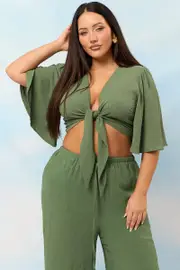 Green Tie Front Textured Georgette Bolero Top