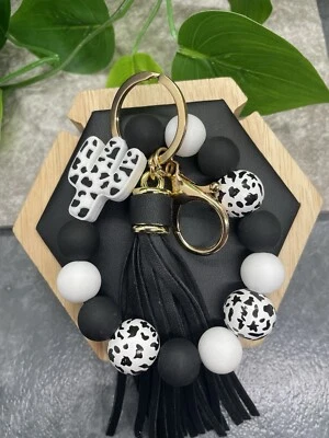 7" Handmade Silicone Wo Bead Leather Tassel Cactus Keychain Purse Wristlet B2572