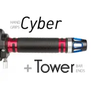KiWAV Motorcycle Cyber Grips Red with Tower Bar Ends Blue/Silver