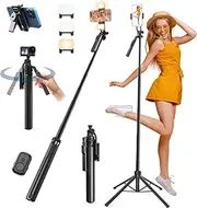 Giecy 180cm Phone Tripod, Extendable Selfie Stick Tripod Travel Tripod Phone Holder Smartphone Tripod Stand with Wireless Remote & Fill Light Compatible with iPhone Android Phone, Camera, GoPro