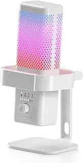 zolyet USB Gaming Microphone Noise Reduction Computer Mic Kit with Stand Lighting Cardioid Mode Pick-up Quick Mute/Gain Knob/LB Function for Gaming/Meeting/Live Streaming/Audio White
