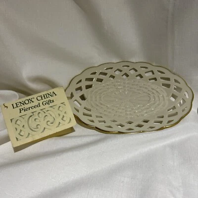Lenox Wicker Pierced Candy Server Dish Basket Weave Cream 24K Gold