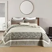 Quilta 100% Cotton Bedspread Oversized Queen Size - Brown Striped Quilt with Botanical Pattern, Textured and Luxurious Farmhouse Coverlet Bedding Set for All Seasons (120" x 120")