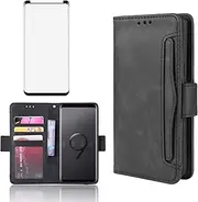 Compatible with Samsung Galaxy S9 Plus Wallet Case and Tempered Glass Screen Protector Card Holder Credit ID Slot Flip Leather Cell Phone Cover for S9+ 9S 9+ S 9 9plus S9plus Women Men Black