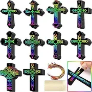Scratch Cross Ornaments Rainbow Color Craft Kit DIY Scratch Paper Christian Gifts for Kids Sunday School Crafts Kids' Paper Craft Kits for Girls Boys, with Wood Sticks and Ribbons (200)