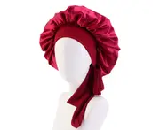 Sleep Cap Brimmed Hair Care Extra Large Satin Bonnet Nightcap with Premium Elastic Band for Home-Wine Red