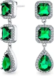 [Bling Jewelry] Classic Bridal Jewelry Fashion Statement Triple Round Pave Green Clear CZ Halo Long Linear Pear Shape Dangle Teardrop Chandelier Earrings For Women Wedding Prom Yelow Gold Silver Plated