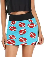 [RPLIFE] Red Footballs Sky Blue Athletic Mini Skirt, Exercise Skorts, Womens Skorts for Summer with Pockets Tummy Control