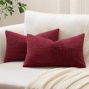 Sungeek Set of 2 Decorative Cushion Covers 40 x 60cm Soft Corduroy Striped Cross Patchwork Textured Pillow Covers Solid Lumbar Throw Pillow Cases for Sofa Bed Patio 16x24 Inch, Burgundy