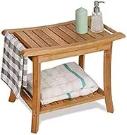 Bamboo Shower Bench with Storage Shelf Portable Spa Bathing Stool for Bathroom & Shower Space Efficient Design with Handles