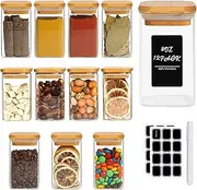 [METOY] Glass Jars with Bamboo Lids 12 Pack, 250ml/8.45oz Square Glass Storage Jars, Kitchen Airtight Glass Spice Jars with Lids, Glass Container for Spice, Salt, Sugar, Seeds, Nuts, Tea etc