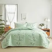 Quilt Set Queen Size Green Branch Bloom Flower 3 Pieces Quilt Bedding Set 88x88 Soft Microfiber Lightweight Coverlet Bedspread Summer 3 Pc Bed Cover for (1 Quilt+ 2 Shams)