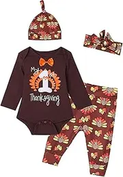 [Auggle] Baby Boys Girls 4PCS My 1st Thanksgiving Turkey Outfit Set Tops Pants Hat and Headband (12-18 Months) Brown