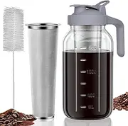 JunVpic Cold Brew Coffee Maker Jar - 64oz Thick Glass Multipurpose Mason Pitcher Spout Lid with Handle & Stainless Steel Filter for Iced Coffee, Lemonade, Ice Tea, Homemade Fruit Drinks Container