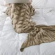Knitted Mermaid Tail Blanket Home Decor Acrylic Throw Rug 195cmx90cm (Taupe)