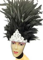 Samba Burlesque Feather Headdress Black Vegas Showgirl Rio Carnival Mardi Gras