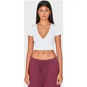 White Contour Pointelle Cross Over Detail Crop Top, White