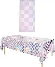2 Pack Plastic Tablecloths,Shiny Laser Disposable Rectangle Table Covers Holographic Foil Tablecloth Iridescent Party Decoration (Silver Grid, 137 * 183CM)