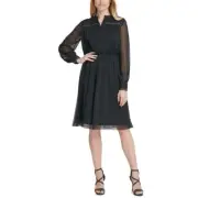 DKNY NEW Women's Chiffon Studded Sheer-sleeve A-Line Dress TEDO