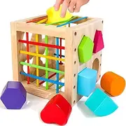 Wooden Montessori Toys, Shape Sorter Cube for 1+Year Old, 8pcs Colorful Multisensory Shapes, Developmental Learning Toy for Baby Toddler Girls Boys