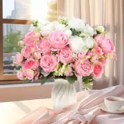 Peonies Artificial Flowers,Pink White Fake Flowers 4 Bundles-white Pink