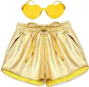 [iMuchic] Girls Metallic Shorts Shiny Hot Pants for Dance Gymnastics Sparkly Shorts with Sunglasses