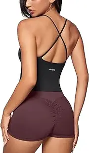 [INGIA] Womens Low Scoop Neck Tank Tops Built in Bra U Back Workout Tanks Spaghetti Criss Cross Strap Sleeveless Cropped Top