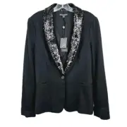 Adrianna Papell Sequin Lapel Ponte Blazer S Dark Black One Button Bling Knit New