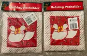 Set Of 2 Vtg Christmas Goose-Geese Potholders w/ Red & Green Holly & Hearts