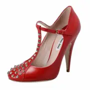 Miu Miu Women's Leather High Heel T-Strap Pumps Shoes Sz 6 8