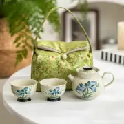 Hand Drawn Blue Lotus Tea Set Storage Bag Tea Set Kit 1 Pot 2 Cups Tea Brewing