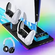 Zhwidnerso PS5 Stand with 3-Level Fans, 3 USB Ports, RGB Light, Controller Charging, Headset Holder, for PS5 Accessories, Digital/Disc Edition (Black)