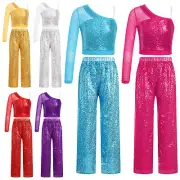 Kid Girls Sparkly Sequins Jazz Hip Hop Dance Costume Mesh Crop Top and Pants Set