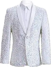 [SWJGLITTR] Men Shiny Sequin Blazer Jacket One Button Party Dinner Suit Jackets Dress Festival Tuxedo Sport Coat