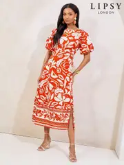 Lipsy Red Short Sleeve Gathered Waist Underbust Midi Dress (AW7794) | $113