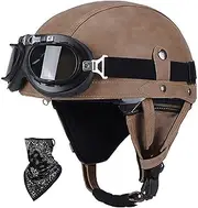 Leather Open Face Helmet Vintage Motorbike Half Shell Helmet with Goggle Motorcycle Helmet for Men Ladies Cruiser Motorcycle Scooter Helmet DOT/ECE Approved