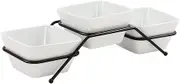 Buyajuju 3 pcs square bowl Porcelain Chip & Dip Serving Set with Black Metal Stand, 4.5inch White Small Serving Bowls for Side Dishes, Salsa, Appetizer, Serving Dishes for Entertaining
