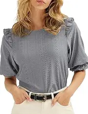 [Bsubseach] Women's Short Sleeve Casual T Shirts Summer Ruffle Plain Round Neck Loose Fit Tee Blouse Tops