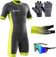 [HECLOK] Men’s Cycling Skinsuit, Quick Dry Triathlon Suit-9D Padded-Breathable-Short Sleeve One Piece Bodysuit for Bicycle Training, Racing Bike, Cyclist Clothing， One Piece Trisuit Bike
