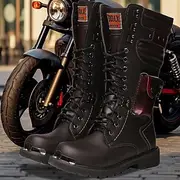 Men's Black Faux Leather Motorcycle Boots with Metal Toe Caps - Rugged Lace-Up Biker Boots for Riding and Outdoor Adventures