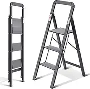 KINGRACK 3 Step Ladder with Handrail, Aluminium Folding Step Stool Portable, Non-Slip Household Stepladder with Wide Platform for Kitchen Pantry Closets Home Office, Maximum Load 150 kg, Black