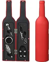 BAKAMITAYI Wine Accessories Gift Set - Wine Bottle Corkscrew Opener Kit, Drip Ring, Foil Cutter and Wine Pourer and Stopper in Novelty Bottle-Shaped Case for Valentine's Gift (Red)