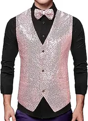 [FEOYA] Men's V-Nack Waistcoat Metallic Shiny Vest Sleeveless Button Down Slim Fit Casual Sequins Glitter Sparkle Blazers Jackets for Party Carnival Halloween Christmas S-2XL