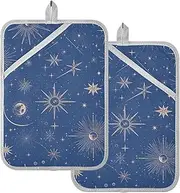 Kitchen Pot Holders Heat Resistant Space Star Moon Dark Blue Potholders for Kitchens with Pocket Hot Pot Holder Oven Mitts 2 Pack