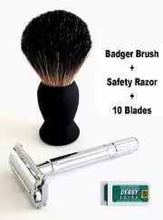 Pure Badger Black Hairs Shaving Brush & Butterfly DE Safety Razor & Derby Blades