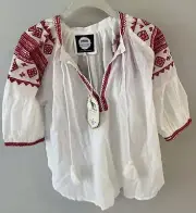 NWT Sundance Catalog By Alamwar Red Embroidery White “Melba Blouse” Size XS $138