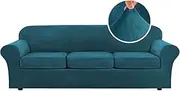 LINGKY Velvet Sofa Cover 3 Seater With 3 Separate Sofa Seat Cushion Covers, Stretch Couch Cover Non-Slip Sofa Slipcovers for Living Room Furniture Protector (Deep Teal,Large 3 Seater)