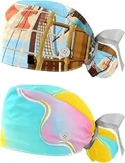 [WOSHJIUK] Working Hat 2 Pack Scrub Caps for Women,Ships Deck Ocean sea,Tie Back Cap Adjustable Scrub Hat
