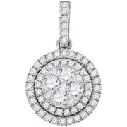 14k White Gold Round Diamond Double Frame Flower Cluster Pendant 7/8 Cttw