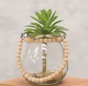 Wide Glass Jar w/Natural Beaded Handle, Farmhouse Decor, Boho Chic